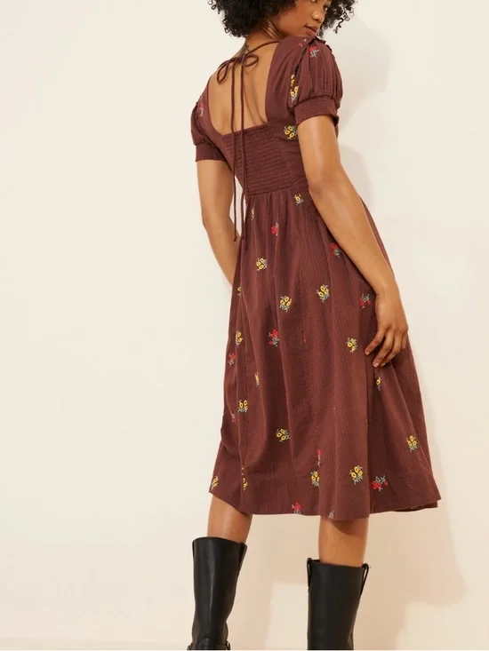 Free People Maisie Midi Brown Floral Embroidered Dress Small Boho Cottage Core - Picture 3 of 11